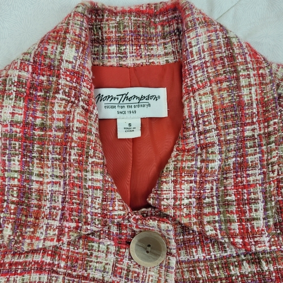 Norm Thompson orange tweed women's blazer collar wood button pockets office S - Picture 6 of 11